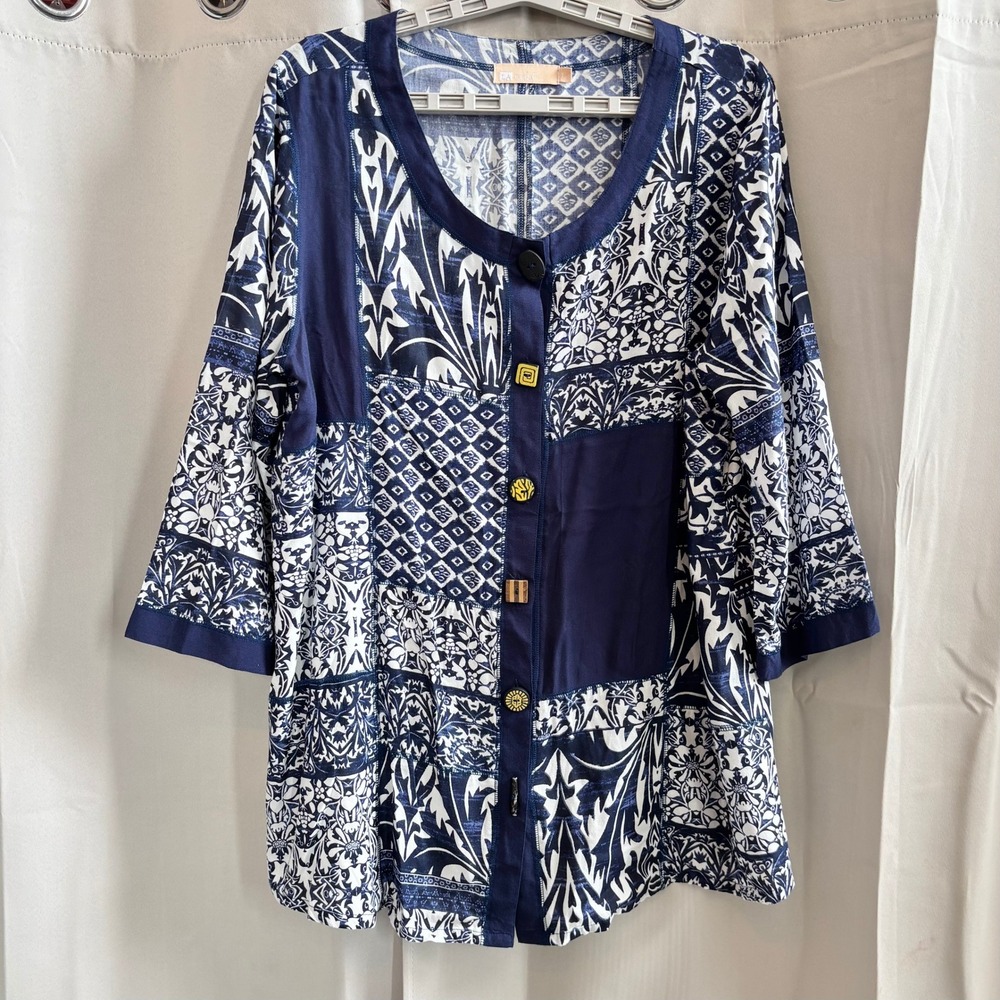 La Cera Patchwork Button Up Blouse Top Womens Art… - image 1